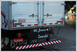 Truck with "100% Jesus Deus &eacute; fiel" ("100% Jesus God is faithful") written on the bumper.