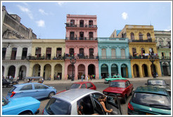 Colorful buildings and cars, Paseo del Prado.