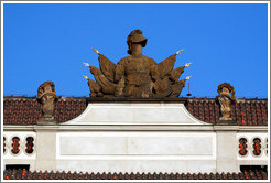 Building detail, with helmet and flags, 1st Courtyard, Prague Castle.