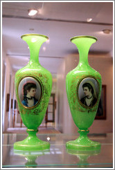 Two vases with portraits.  Nov? Sv&#283;t in the Giant Mountains, ca 1860.  Flashed uranium alabaster glass, painted enamels.  On loan from the Museum of Decorative Arts in Prague.  National Gallery, Prague Castle.