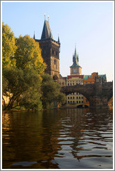 One end of the Charles Bridge (Karl&#367;v Most), viewed from the Vltava River.
