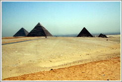 The Pyramids of Giza.  From left to right: Pyramid of Khufu (the Great Pyramid of Giza), Pyramid of Khafre, Pyramid of Menkaure, and Pyramids of Queens.