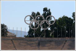 Olympic logo at the Panathinaiko (&#928;&#945;&#957;&#945;&#952;&#951;&#957;&#945;&#970;&#954;&#972;) Stadium, where the first modern Olympics were held in 1896.