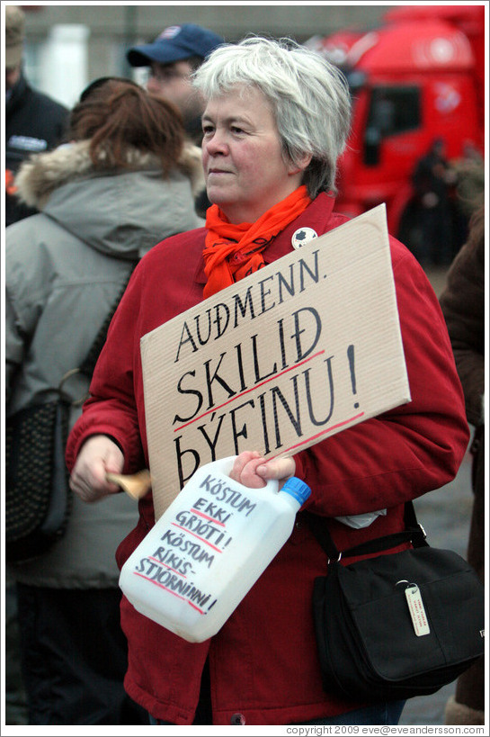 Protest in Reykjavik.  The sign says "Au?n. Skili?finu!" ("Rich people. Return the swag!") and the bottle says "K?stum ekki grj?  K?stum r?s-stj?nni!" ("Let's not chuck rocks! Let's chuck the government!").