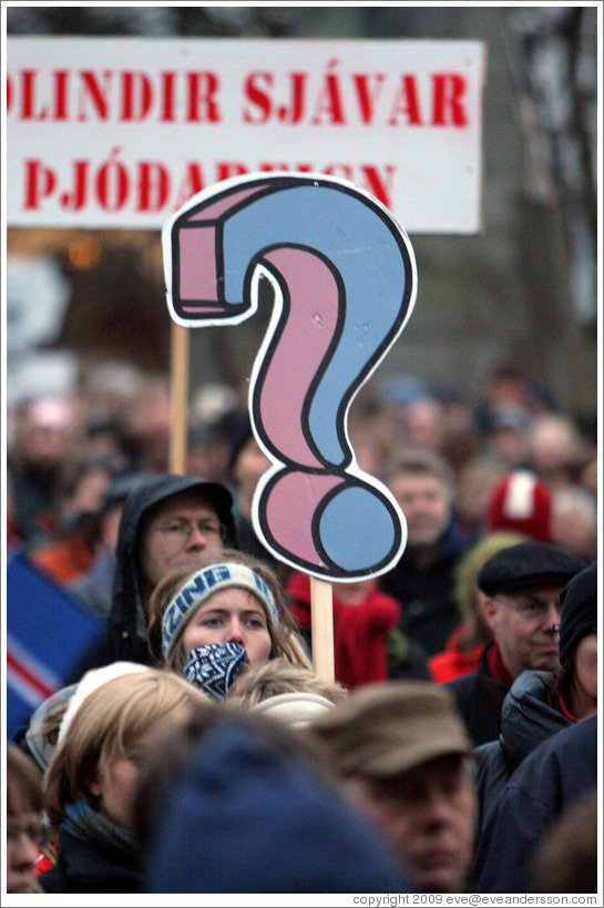 Reykjavik protest.  Question mark sign.