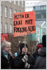 Reykjavik protest.  The sign says "?tta er ekki mitt fokking kerfi" ("This is not my f***ing system").
