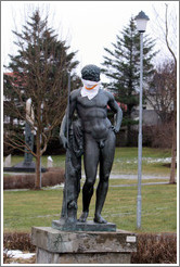 Statue wearing cloth for protection against pepper spray.  Icelandic police fired pepper spray at protesters in January 2009.