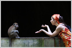 Monkey and girl conversing, Batu Caves.