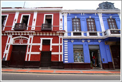 Red and blue buildings, Calle de Serrano, Historic Center of Lima.