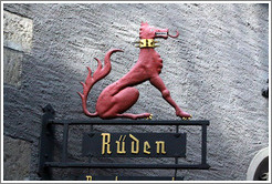 Dragon-dog with spiky collar. R?den Restaurant. Altstadt (Old Town).