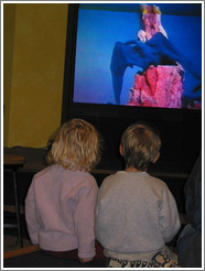 Kids watching a dinosaur video at the Pacific Science Center.