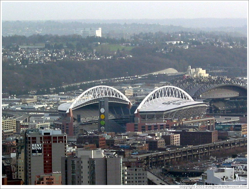 The Seahawks stadium, as viewed from the Space Needle.